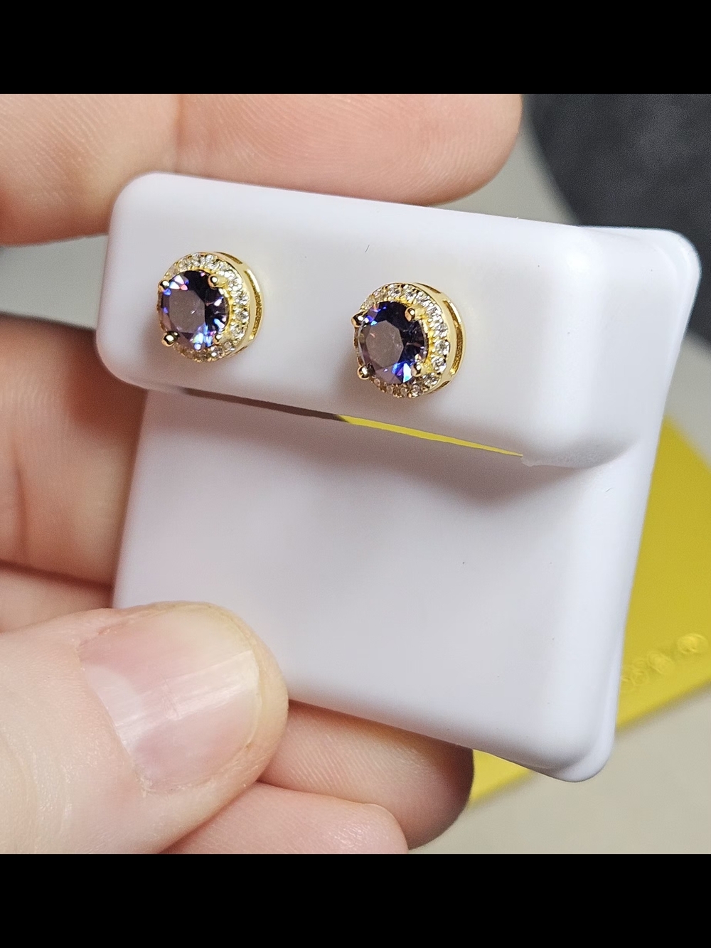 Moissanite Purple Amethyst Round Halo Stud Earrings - Sterling Silver - Picture 11 of 14